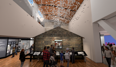 rendering of barrack with origame cranes above it